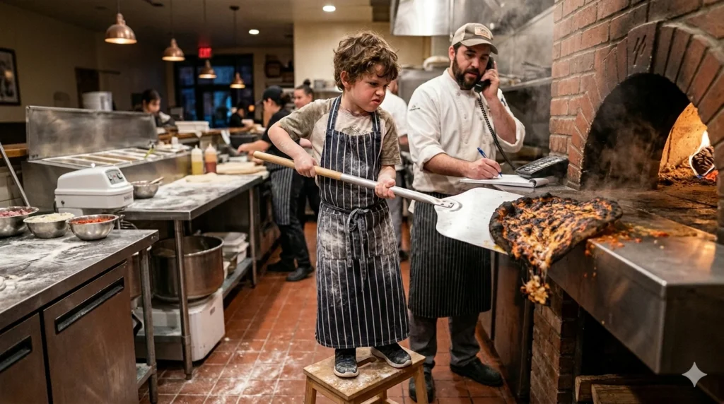 A child standing on a stool pulling a burnt pizza from a wood-fired oven while an adult chef is distracted on the phone