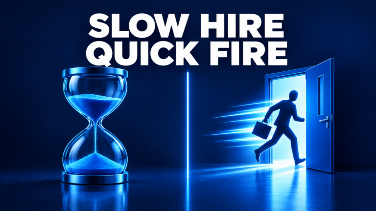 Hourglass beside an employee rushing out an open door, illustrating slow-to-hire, quick-to-fire team building